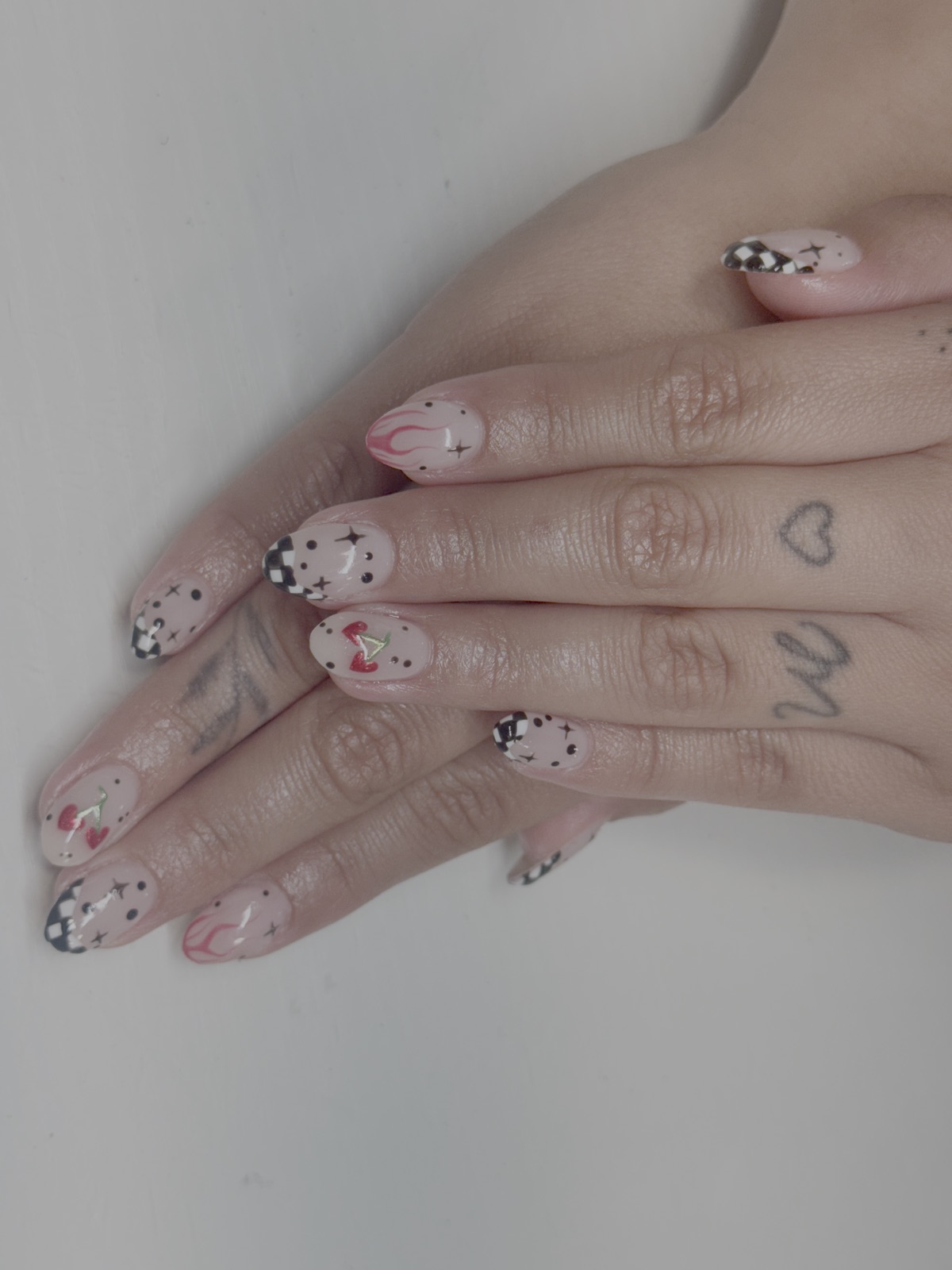 Checkered and cherry custom nail art by Polished by Bug in Cedar City, Utah